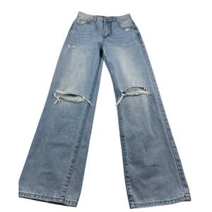 Edikted Women's Wide-Leg Light Blue Denim Jeans Button Zip Pockets, Size Small